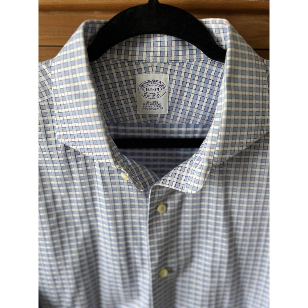 Brooks Brothers 100% Cotton Pale Blue Gingham Men's Button Down Shirt S 16.5 34